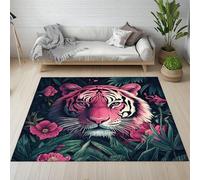 Pggong Tigre Animaux Sauvages Jungle Paillasson Lavable Feuille Fleur Plante Floral Botanique Tapis Doux Poils Ras Antidérapant, 40x60 cm, pour Le Salon, Chambre à Coucher