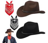 PGonline Lot de 4 chapeaux de cowboy en feutre avec bandanas rouges et noirs, accessoires de costume Texas Texan pour homme, femme, adulte, fête costumée