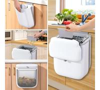 PGonline Poubelle de cuisine à suspendre avec couvercle, pliable, 10 L, poubelle à compost, à fixation murale, blanche, PP + TPE, rectangulaire, couvercle à pression, couvercle basculant, intérieur