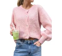 PGPBVLVGHM Cardigan Court en Maille for Femme, Pull à Manches Longues, col Rond, boutonné, uni, Haut Court décontracté en Maille(A-c-Pink,S)
