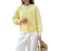 PGPBVLVGHM Cardigan Court en Maille for Femme, Pull à Manches Longues, col Rond, boutonné, uni, Haut Court décontracté en Maille(A-a-Yellow,S)