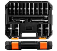 PGROUP Lot de 17 douilles à choc profondes de 1.27 cm, tailles SAE standard à 6 points (3/8" à 3.8 cm), acier Cr-V, 12.7 cm, 25.4 cm avec étui de rangement robuste