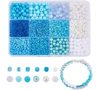 Ph 2960pcs Blue Beads Kit For Jewellery Making 6 Mm Glass Beads Smooth Round Beads 3 Mm Seed Beads For Bracelets Necklaces Pens Craft