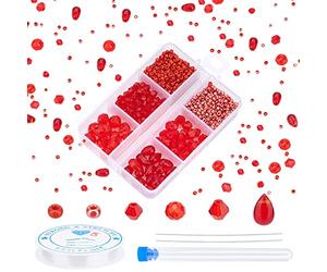 PH PandaHall 1000pcs Perles de verre rouge, Perles de rocaille Perles à facettes Perles d'imitation de jade Perles intercalaires en verre avec fil élastique Aiguilles et Tube pour bracelets collier