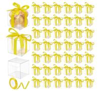 PH PandaHall 100pcs Boîtes Cadeaux Miniatures Transparentes 5x5x5cm Boîtes Cadeaux Cubes Transparentes avec Ruban Jaune Boîte Macarons pour Chocolats Bonbons Cookies