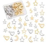 PH PandaHall 108pcs Breloques Coeur Étoile de Lune, 18 Styles Ramadan Étoile Croissant de Lune Pendentif en Acier Inox Pendentif Romantiques pour Fête des Mères Mariage Eid Mubarak Collier Bracelet