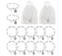 PH PandaHall 12 Ensemble de Bracelets Chapelet en Vrac avec Sacs en Filet Bracelet Extensible en Perles Transparentes 8mm avec Breloque Ovale Croix pour Baptême Funérailles Communion Cadeaux de Pâques