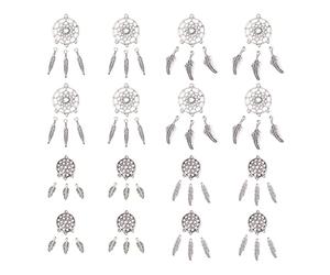 PH PandaHall 120pcs 6 Styles Pendentifs de Attrape-Rêves Dreamcatcher Collier Pendentifs avec plume Connecteurs Chandeliers Pendentifs pour la fabrication de bijoux de bricolage,Argent Antique