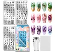 PH PandaHall 137 motifs Plaque de Stamping pour Ongles Plume 3pcs Pochoir à Ongles Motif Plumes de Paon Oiseau Modèles pour Nail Art Attrape Rêves Tampon pour Manucure Femme Design Salon