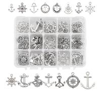 PH PandaHall 15 modèles Breloques d'ancre Nautique, 150pcs Pendentifs de Barre d'ancre Perles de charmes de Roue de Bateau en Alliage tibétain pour l'été Bracelet Collier Bijoux, Argent Antique