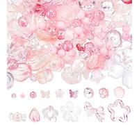 PH PandaHall 15 Styles Perles Roses Charmes, 50g Perles Acryliques 50pcs Pendentifs en Verre Fleur Papillon Perles Charmes Perles Lâches pour Valentine Bracelets Colliers Bijoux Cancer du Sein