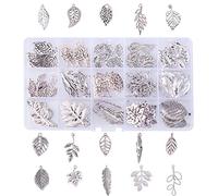 PH PandaHall 150pcs 15 Styles Style tibétain Breloque Feuille Argent, 17x10cm Breloques Boucles D'oreilles Plume Pendentif pour Bracelet Collier Boucle d'oreille Création de Bijoux, Argent antique