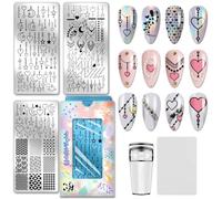 PH PandaHall 154 Motifs Cœur Amour Plaques D'Estampage pour Ongles 3pcs Étoile Lune Nail Art Pochoirs Chaîne Décor Ongles Image Plaques Texture Géométrique pour Femmes Manucures Salon Impression DIY