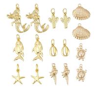 PH PandaHall 16pcs 8 Styles Breloques Animaux Marins Plaquées Or 18K Breloques Poissons Coquillages Hippocampe Pendentifs Tortue Dauphin Pendentifs Été Plage pour Bijoux Collier d'Oreille DIY