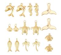 PH PandaHall 16pcs 8 Styles Breloques Animaux Marins Plaquées Or 18K Breloques Poissons Coquillages Hippocampe Pendentifs Tortue Dauphin Pendentifs Été Plage pour Bijoux Collier d'Oreille DIY