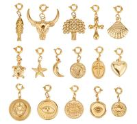 PH PandaHall 16pcs Breloques Plaquées Or 18K Tête de Vache Coquillage Étoile de Mer Tortue Œil Protecteur Cœur Croix Pendentifs pour la Création de Bijoux Artisanales Cadeaux en Gros