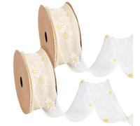 PH PandaHall 18.3m 52mm Ruban en Organza Floral avec Bordure en Marguerite Beige en Polyester pour Mariage Cadeau Emballage Artisanat Noël Arcs Retour Décor, 2 rouleau/Ensemble