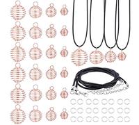 PH PandaHall 24pcs 4 tailles Spirale Perle Cages Pendentifs Cage à collier porte-pierre 24 brins Cordon de collier en cuir noir 50pcs 6mm Anneaux de jonction ouverts pour collier, or rose