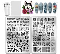 PH PandaHall 2pcs Modèle Art Impression Thème Chiens Mignon Chiens Motif Nail Stamp Plaque en Acier Inoxydable Chien Patte Ongles Pochoir Ensemble pour Amoureux des Chiens Manucure Décor 14.5x9.5cm