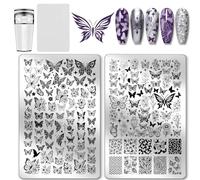 PH PandaHall 2pcs Plaque de Tampon à Ongles à Motif Papillon Modèle D'Art D'Impression de Papillon de Fleur Plaque D'Image D'Ongle en Acier Inoxydable pour Décoration D'Ongles D'Été Femmes 14.5x9.5cm