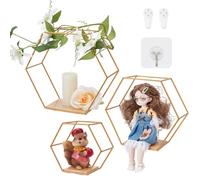 PH PandaHall 3 Tailles Étagères Flottantes Hexagonales Décoration Murale Moderne Étagère de Rangement Murale en Métal Doré Étagère en Nid d'abeille pour Mur Salle de Bain Cuisine Bureau Décoration