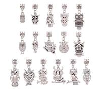 PH PandaHall 32pcs 16 Styles Perles Pendantes en Alliage de Hibou, Grand Trou de 5 mm Pendentifs Breloque Européens Hibou Charms Bélières pour Bracelet Collier Fabrication de Bijoux, Argent Antique