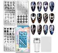 PH PandaHall 3pcs 12 Zodiaque Plaques de Stamping pour Ongles Pochoirs de Nail Art Constellation Tampons de Texte Signe du Zodiaque Motif Céleste Pochoirs pour Manucures DIY Femmes Impression Salon