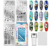 PH PandaHall 3pcs Noël Kit de Plaques D'Estampage pour Ongles Motif Noël et Hiver Pochoirs D'Art D'Ongles en Acier Inoxydable avec Tampon et Grattoir pour Manucure et Salon de Coiffure Décoration