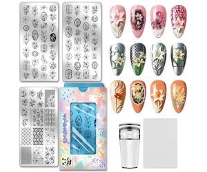 PH PandaHall 3pcs Plaque de Stamping pour Ongles Lys Pochoirs pour Nail Art à Fleur Modèles de Manucure à Bordures Florales Plaques D'Images en Acier Inox avec Outil pour Manucures DIY Salon