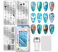 PH PandaHall 3pcs Plaque de Stamping pour Ongles Motif Vie Marine Modèles de Nail Art Sur le Thème de la Plage Sirène Pieuvre Herbes Marines Plaques en Acier Inoxydable avec Outils pour Manucures