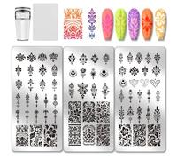 PH PandaHall 3pcs Plaque de Tampon à Ongles à Motif Ethnique Modèle D'Impression D'Art Plaque D'Image à Ongles en Acier Inoxydable avec Tampon et Grattoir pour Femmes Impression DIY Design 12x6cm