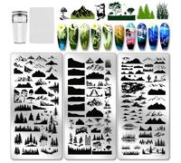 PH PandaHall 3pcs Plaque D'Estampage pour Ongles Montagnes Modèles de Nail Art Nature Plantes Arbres Lacs et Lune Plaques D'Estampage D'Images à Faire Soi Même Pochoirs pour Femmes Salon de Manucure