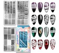 PH PandaHall 3pcs Plaques de Stamping pour Ongles avec Mots Anglais Modèles de Nail Art Phrases et Motifs Géométriques Pochoirs pour Nail Art Pochoirs à Lignes et Grilles Modèles pour Manucures DIY