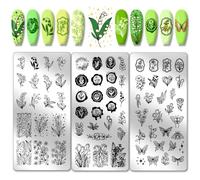 PH PandaHall 3pcs Plaques D'Estampage de Ongles de Fleur Modèles D'Art D'Ongle de Papillon Floral Pochoirs D'Art D'Ongle de Rose de Plante en Acier Inoxydable pour Femmes Conception Nail Impression