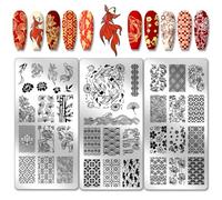 PH PandaHall 3pcs Plaques D'Estampage pour Ongles Koi East Lotus Nail Stamper Plum Bossom Nail Art Pochoirs Plaque D'Image D'Ongle en Acier Inoxydable pour Salon de Conception de Nail Art