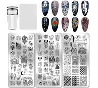 PH PandaHall 3pcs Plaques D'Estampage pour Ongles Motif Tête de Mort Pochoirs pour Nail Art Motif Squelette Fleur Crâne Gothique Plaque avec Tampon et Grattoir pour DIY Manucure Salon Halloween