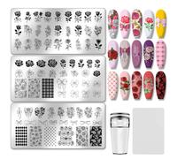 PH PandaHall 3pcs Plaques Stamping Nail Fleur Rose Pochoirs Art Ongles Arc Bouquet Modèles Art Manucure Plantes Plaques Art en Acier Inoxydable pour Femmes Manucures Salon Design Outils Fournitures