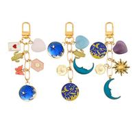 PH PandaHall 3pcs Porte-Clés en Cristal Naturel pour Femme Porte-Clés Pendentif en Alliage D'Or et Émail Breloques en Quartz Rose Améthyste Cœur Breloque Soleil Lune Cactus pour Sac à Main Sacs Cadeau
