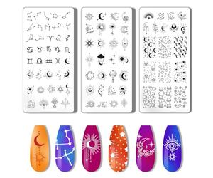 PH PandaHall 3pcs tampon à Ongles en Forme de Lune et D'Étoiles 12 constellations Plaque D'Estampage pour Ongles Ciel Nocturne Pochoirs pour Nail Art, Pochoirs à Ongles en Acier Inoxydable