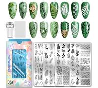 PH PandaHall 4pcs Modèles D'Estampage D'Ongles Feuille Modèles D'Art D'Ongle Plante Minimalistes Pochoirs pour Ongles Branches Fleurs Tampons D'Ongles Verts en Acier Inox pour Femmes Manucure Salon