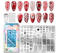 PH PandaHall 4pcs Plaque de Stamping pour Ongles Cœur Pochoirs pour Nail Art Motif Amour avec Rose Motifs de Feuilles Plantes Papillon pour Femmes Décoration Salon de Manucure Saint Valentin