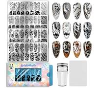 PH PandaHall 4pcs Plaque de Stamping pour Ongles en Marbre Pochoirs pour Nail Art Motif Vagues et Rayures Modèles D'Ongles Motif French Line Pierre Craquelée pour Femmes Manucure Salon Coiffure