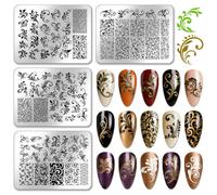 PH PandaHall 4pcs Plaques de Stamping pour Ongles Modèles de Ongles Français Plaques Images Fleurs Plaques à Stylo Acier Inoxydable Feuilles Tourbillonnantes pour Femmes Design