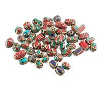 PH PandaHall 50pcs Fait a Main Tibetan Style Perles, Laiton avec Corail et Turquoise, Antique Or, 13-25x9-13mm, Trou: 1-1.5mm