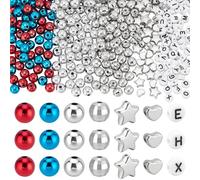 PH PandaHall 510pcs Perles du Jour de L'Indépendance 8mm Perles Rondes en Plastique Perle Rouges Bleues et Argentées Perles Patriotiques Cœurs Étoiles Lettres pour la Fabrication de Bracelets 7 style
