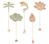 PH PandaHall 5pcs Marque Pages de Style Chinois Marque Pages en Métal avec Chaîne Lotus Libellule Poisson Feuille Marque Page de Livre Marque Pages de Fleur pour Été Remise des Diplômes Cadeaux