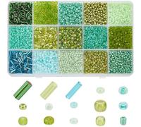 PH PandaHall 6178pcs 15 couleurs Perles de Rocaille en Verre Série Verte, Perles Rondes en Verre de 2~4 mm Tube de 4~6x2 mm Kit de Perles de Clairon, Perle D'Espacement en Vrac pour Bracelet Collier