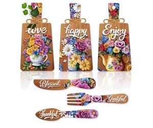 PH PandaHall 6pcs Panneau en Bois avec Fleur Panneau en Bois Love Happy Enjoy Kitchen Planche à Découper Fourchette et Cuillère Planche de Ferme pour Maison Salle à Manger le Bar