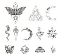 PH PandaHall 72 pièces 12 styles Charmes Gothiques Antique Argent Goth Pendentifs Papillon Crâne Tarot Charmes Tibétain Lune Soleil Phase Serre Papillon de Nuit Pendentifs pour Fabrication Bijoux