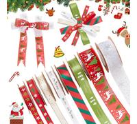 PH PandaHall 8 Styles Noël Ruban de Emballage Cadeau Ruban Rouge Vert Blanc 36.5m Rubans en Tissu Gros Grain avec Cerf Flocon de Neige pour Emballage Cadeau Couronne de Noël Décor 10/15/25mm